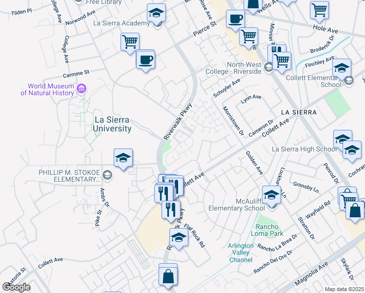 map of restaurants, bars, coffee shops, grocery stores, and more near 4479 Guy Court in Riverside