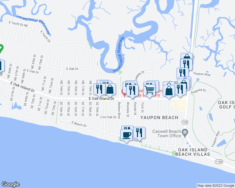 map of restaurants, bars, coffee shops, grocery stores, and more near 403 Barbee Boulevard in Oak Island