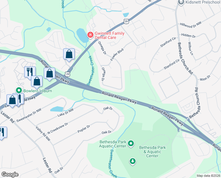 map of restaurants, bars, coffee shops, grocery stores, and more near 147 Omega Drive in Lawrenceville