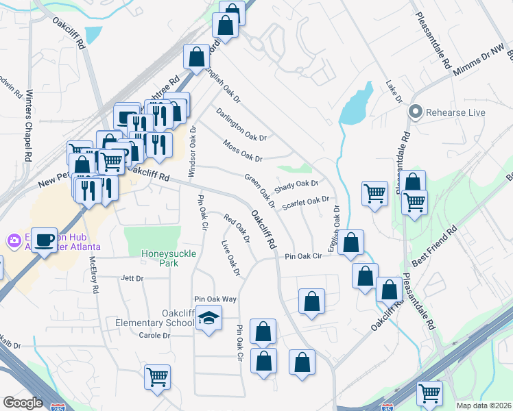 map of restaurants, bars, coffee shops, grocery stores, and more near 3269 Oakcliff Road in Doraville