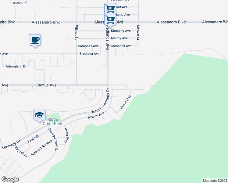 map of restaurants, bars, coffee shops, grocery stores, and more near 29017 Alicante Avenue in Moreno Valley