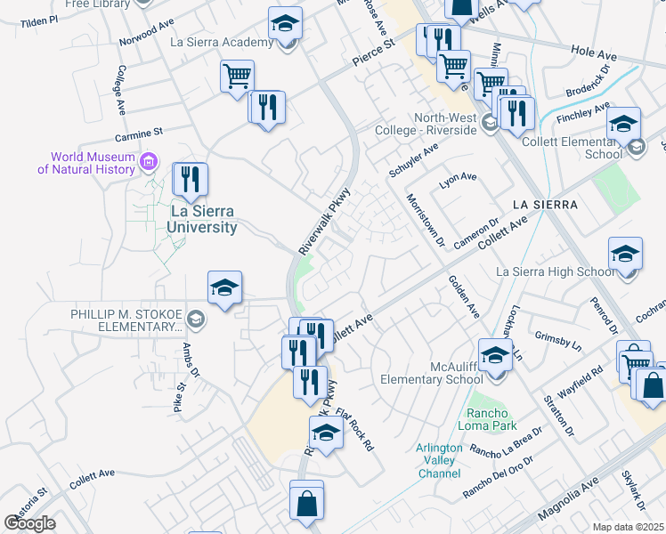 map of restaurants, bars, coffee shops, grocery stores, and more near 4479 Guy Court in Riverside