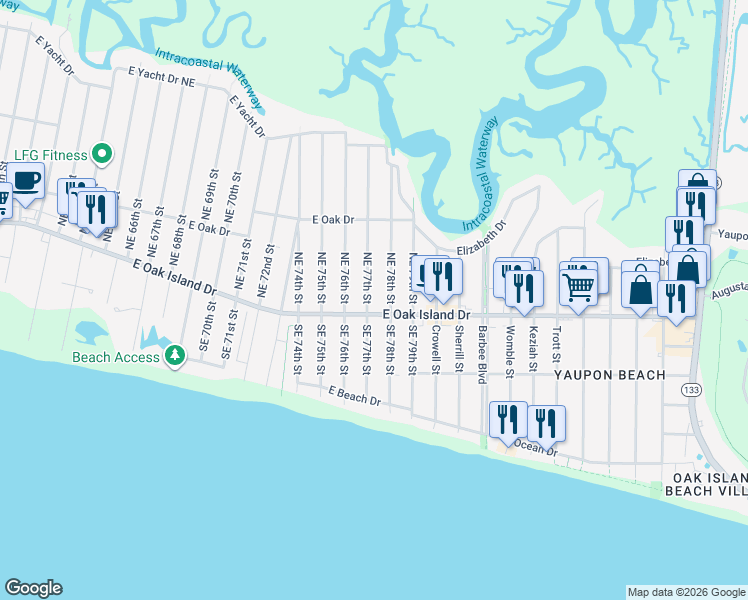 map of restaurants, bars, coffee shops, grocery stores, and more near 7802 East Oak Drive in Oak Island