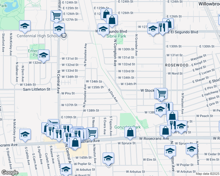 map of restaurants, bars, coffee shops, grocery stores, and more near 1808 North Elva Avenue in Compton