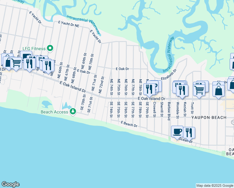 map of restaurants, bars, coffee shops, grocery stores, and more near 101 Northeast 75th Street in Oak Island