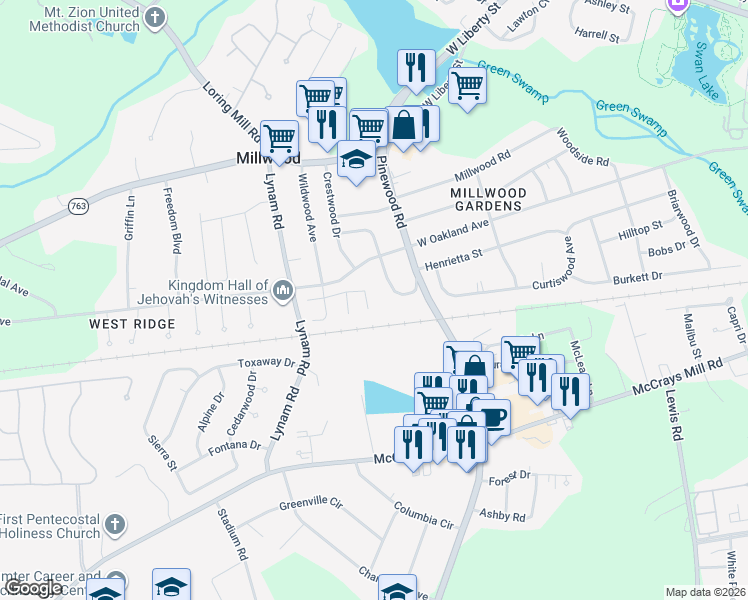 map of restaurants, bars, coffee shops, grocery stores, and more near 1985 Essex Drive in Sumter