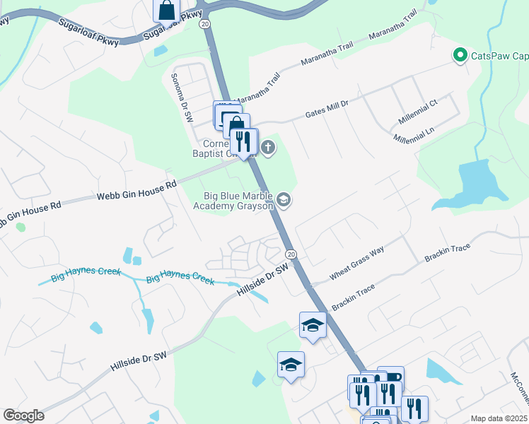map of restaurants, bars, coffee shops, grocery stores, and more near 1475 Grayson Highway in Lawrenceville