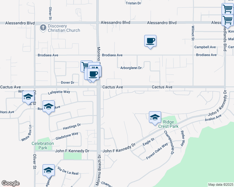 map of restaurants, bars, coffee shops, grocery stores, and more near 28140 Belleterre Avenue in Moreno Valley