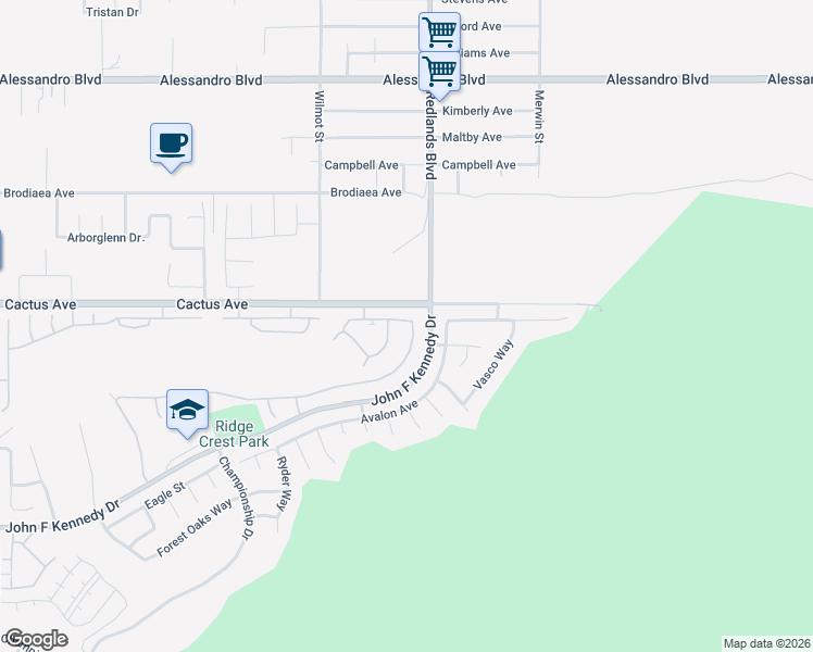 map of restaurants, bars, coffee shops, grocery stores, and more near 14579 Grandview Drive in Moreno Valley