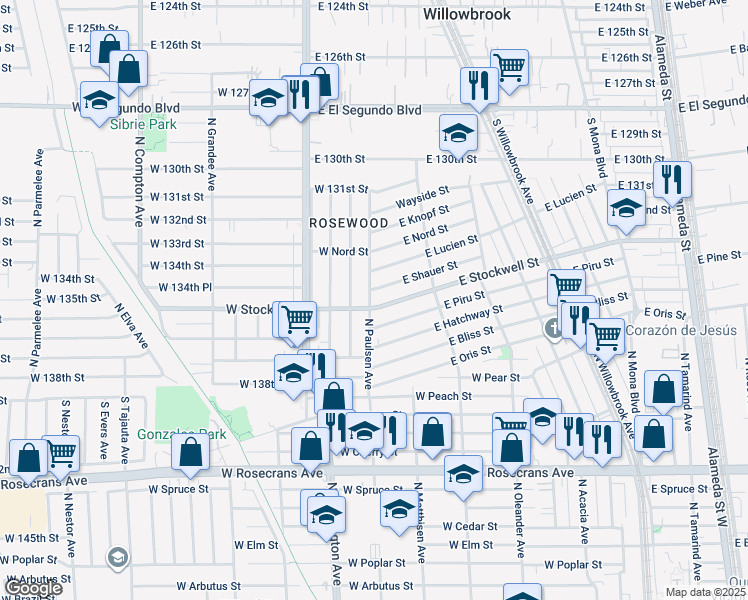 map of restaurants, bars, coffee shops, grocery stores, and more near 641 West Stockwell Street in Compton