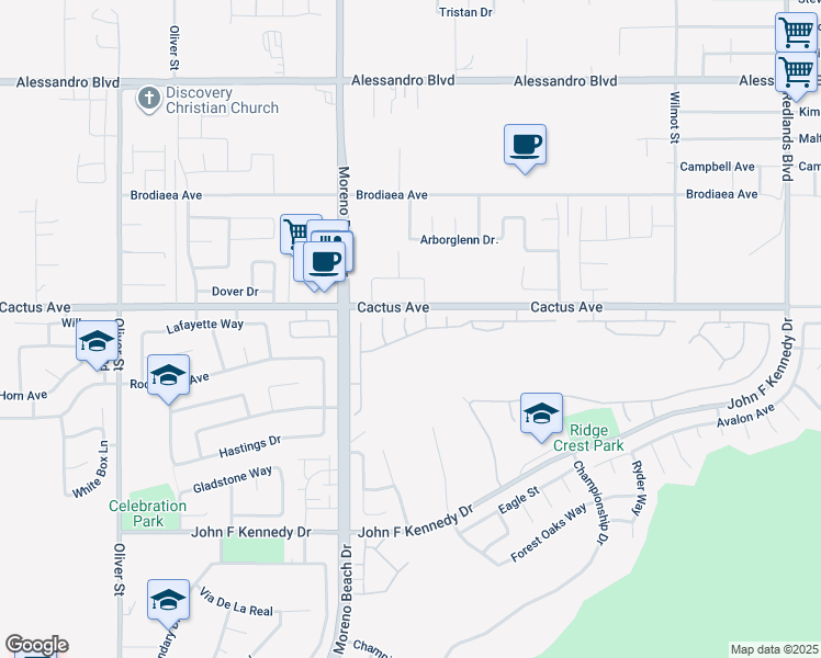 map of restaurants, bars, coffee shops, grocery stores, and more near 28140 Belleterre Avenue in Moreno Valley