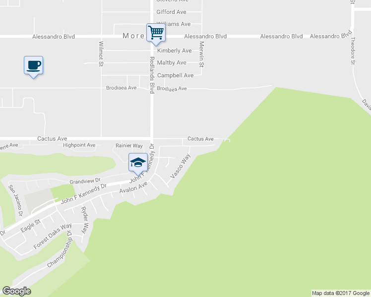 map of restaurants, bars, coffee shops, grocery stores, and more near 29121 Alicante Avenue in Moreno Valley