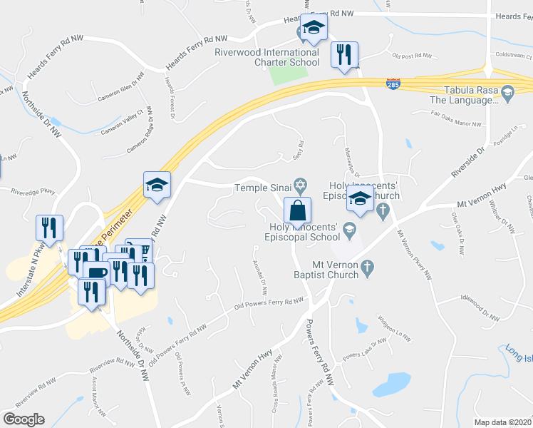 map of restaurants, bars, coffee shops, grocery stores, and more near 5700 Oak Landing Northwest in Atlanta