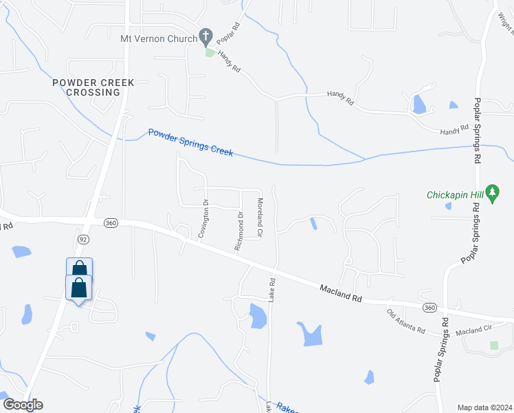 map of restaurants, bars, coffee shops, grocery stores, and more near 197 Moreland Circle in Hiram