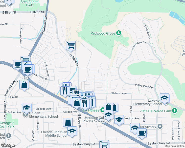 map of restaurants, bars, coffee shops, grocery stores, and more near 16776 Lake Terrace Way in Yorba Linda