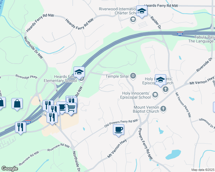 map of restaurants, bars, coffee shops, grocery stores, and more near 900 Camden Court Northwest in Atlanta