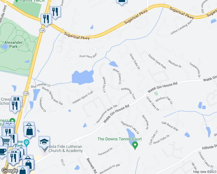 map of restaurants, bars, coffee shops, grocery stores, and more near 1231 Dayspring Trace in Lawrenceville