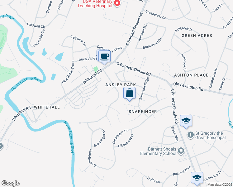 map of restaurants, bars, coffee shops, grocery stores, and more near 230 Ansley Drive in Athens