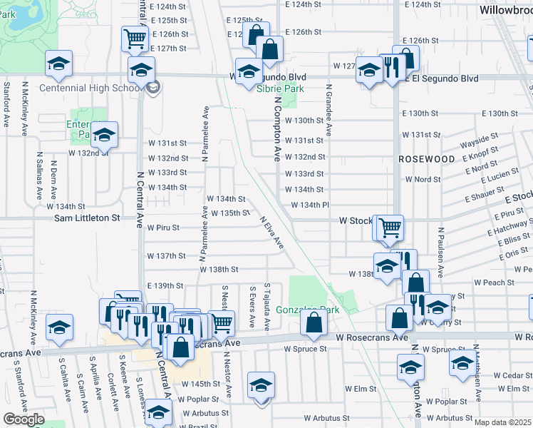 map of restaurants, bars, coffee shops, grocery stores, and more near 1808 North Elva Avenue in Compton