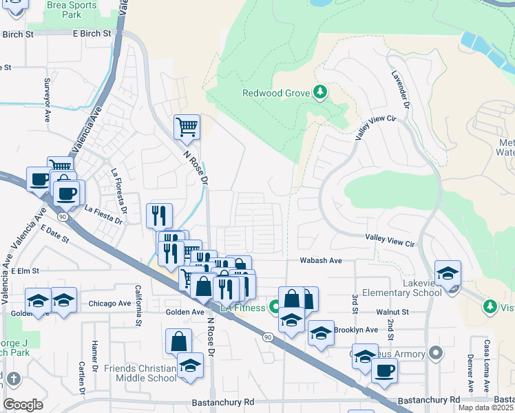 map of restaurants, bars, coffee shops, grocery stores, and more near 16764 Lake Terrace Way in Yorba Linda