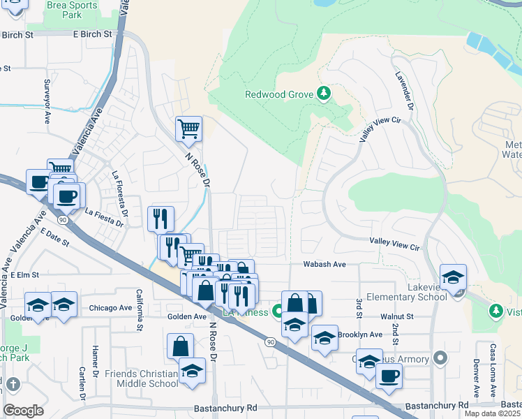 map of restaurants, bars, coffee shops, grocery stores, and more near 16959 Pleasant Way in Yorba Linda