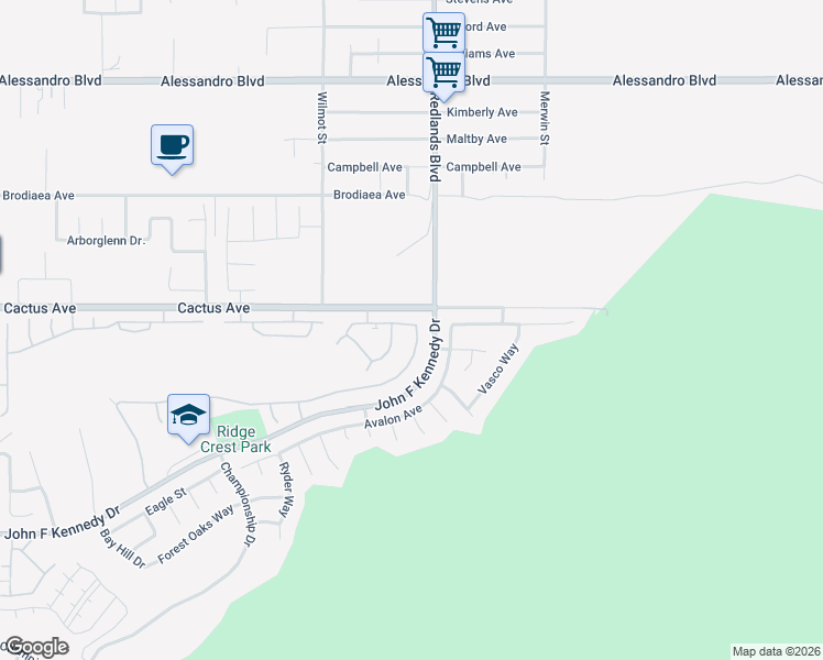 map of restaurants, bars, coffee shops, grocery stores, and more near 14579 Grandview Drive in Moreno Valley