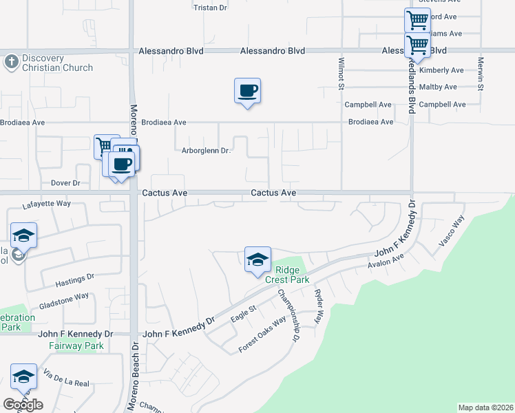 map of restaurants, bars, coffee shops, grocery stores, and more near 28455 Belleterre Avenue in Moreno Valley