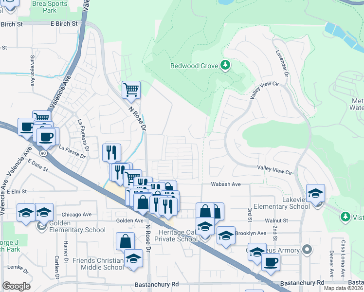 map of restaurants, bars, coffee shops, grocery stores, and more near 16959 Pleasant Way in Yorba Linda