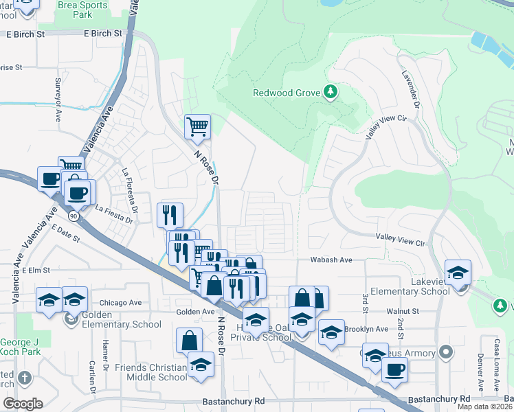 map of restaurants, bars, coffee shops, grocery stores, and more near 16776 Lake Terrace Way in Yorba Linda