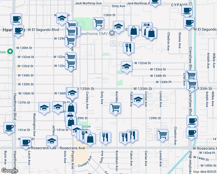 map of restaurants, bars, coffee shops, grocery stores, and more near 3718 West 135th Street in Hawthorne
