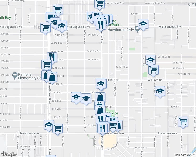 map of restaurants, bars, coffee shops, grocery stores, and more near 13541 Prairie Avenue in Hawthorne