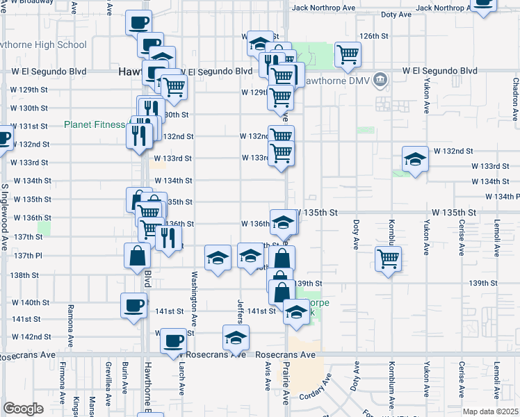 map of restaurants, bars, coffee shops, grocery stores, and more near 4067 West 136th Street in Hawthorne
