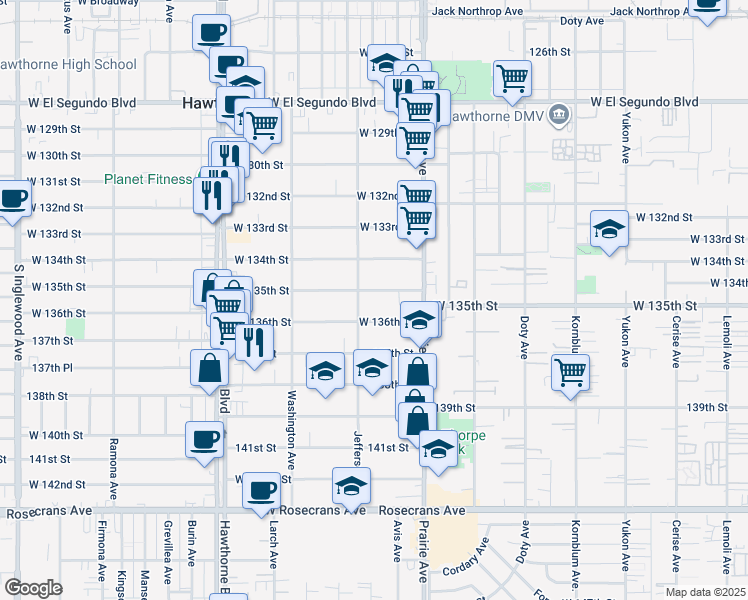 map of restaurants, bars, coffee shops, grocery stores, and more near 4067 West 136th Street in Hawthorne