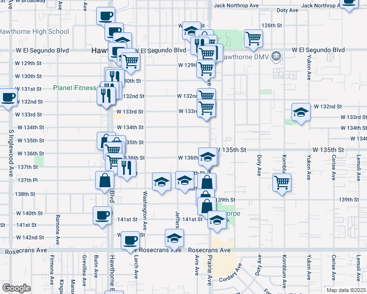 map of restaurants, bars, coffee shops, grocery stores, and more near 4067 West 136th Street in Hawthorne