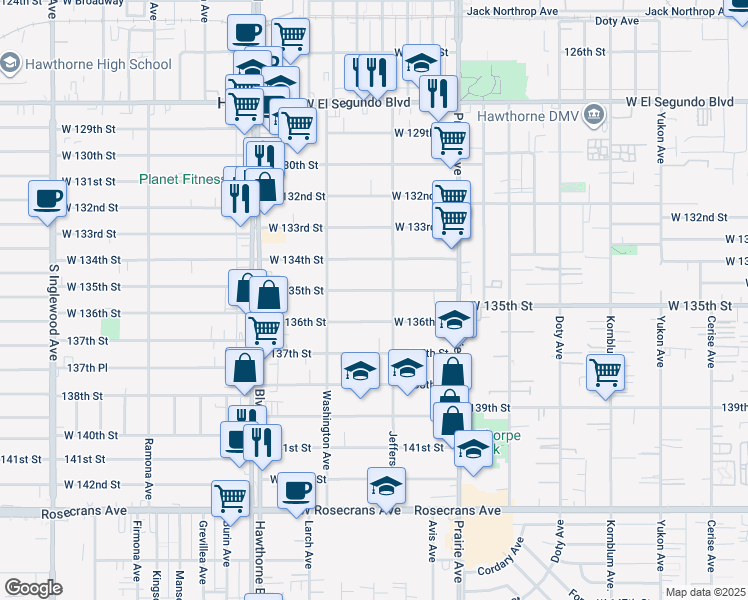 map of restaurants, bars, coffee shops, grocery stores, and more near 13535 Jefferson Avenue in Hawthorne
