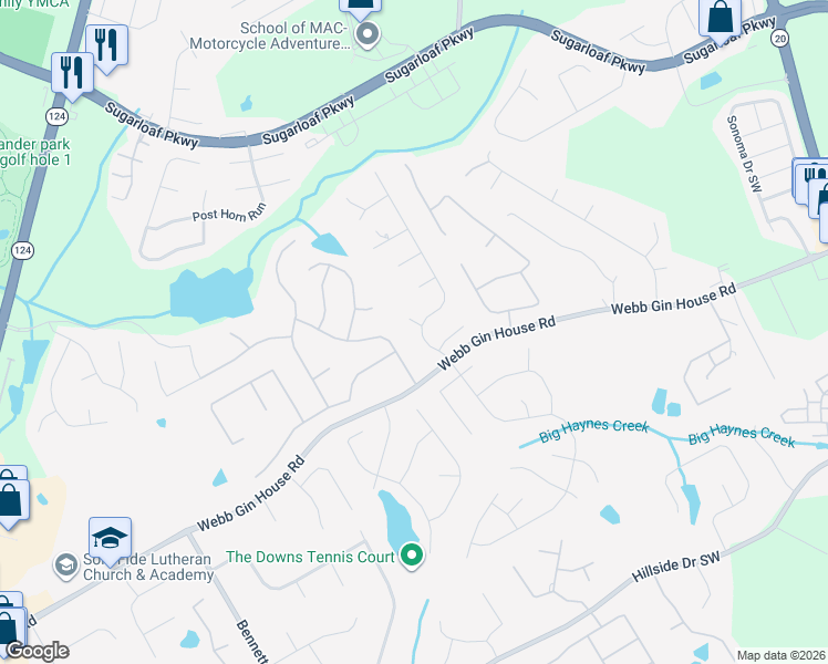 map of restaurants, bars, coffee shops, grocery stores, and more near 1255 Great Oaks Drive in Lawrenceville