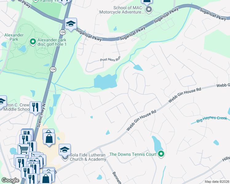 map of restaurants, bars, coffee shops, grocery stores, and more near 1150 Dayspring Court in Lawrenceville