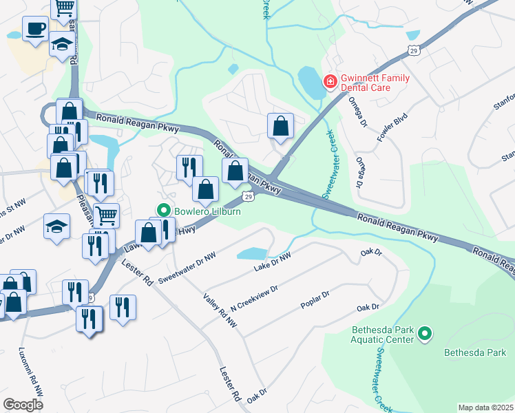 map of restaurants, bars, coffee shops, grocery stores, and more near 3664 Lawrenceville Highway in Lawrenceville