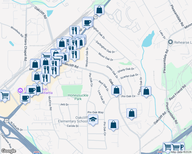 map of restaurants, bars, coffee shops, grocery stores, and more near 4007 Red Oak Drive in Doraville