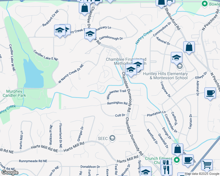 map of restaurants, bars, coffee shops, grocery stores, and more near 1850 Winchester Trail in Atlanta