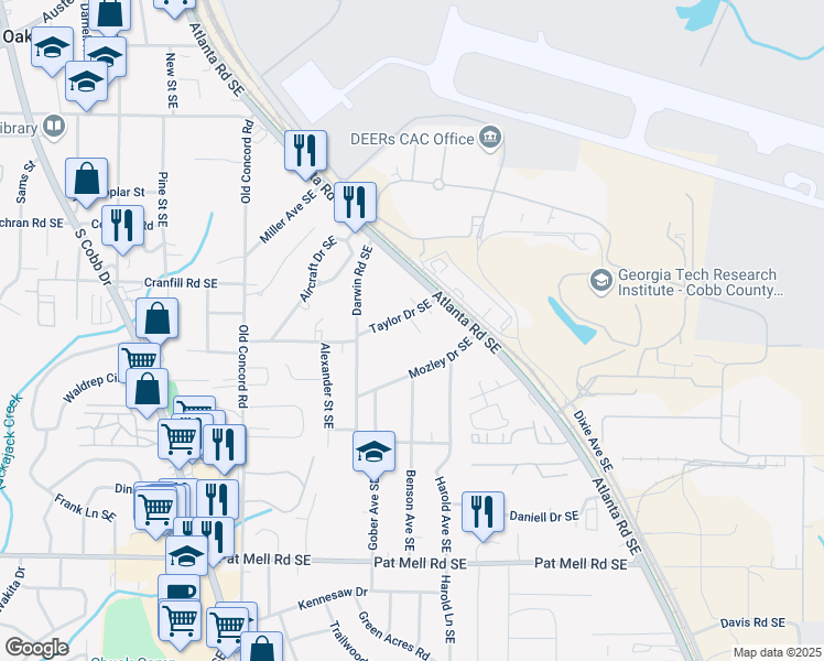 map of restaurants, bars, coffee shops, grocery stores, and more near 1772 Martin Place in Smyrna
