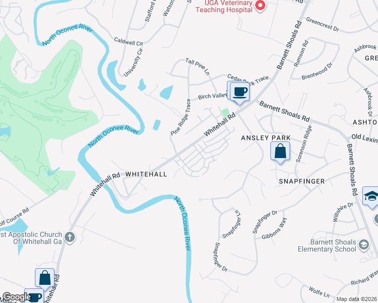 map of restaurants, bars, coffee shops, grocery stores, and more near 221 Center Park Lane in Athens