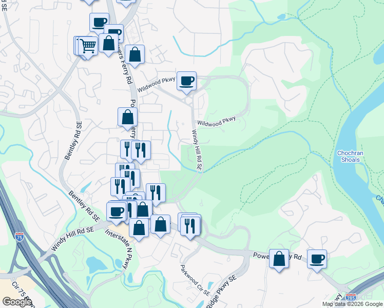 map of restaurants, bars, coffee shops, grocery stores, and more near 3150 Woodwalk Drive in Atlanta
