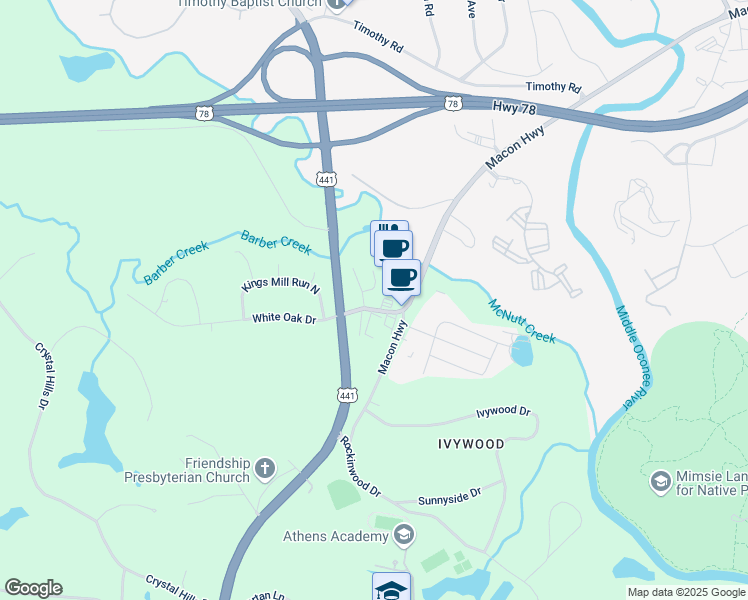 map of restaurants, bars, coffee shops, grocery stores, and more near 1040 White Oak Drive in Athens