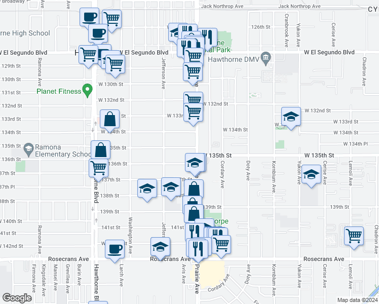 map of restaurants, bars, coffee shops, grocery stores, and more near 4024 West 135th Street in Hawthorne