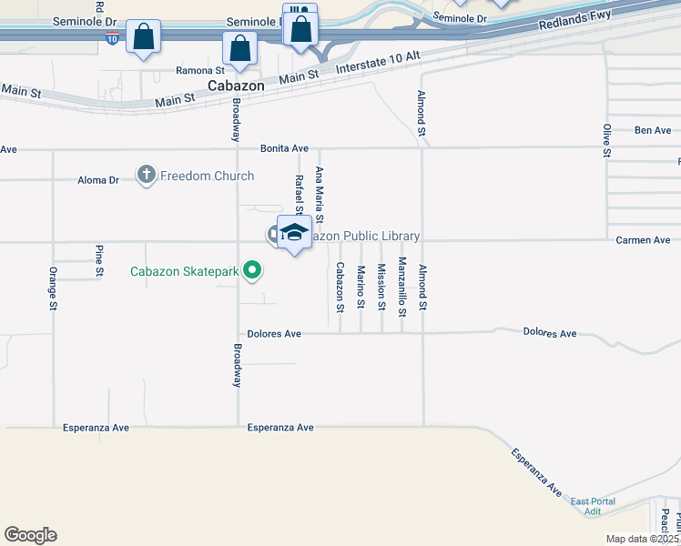 map of restaurants, bars, coffee shops, grocery stores, and more near Cabazon Street in Cabazon
