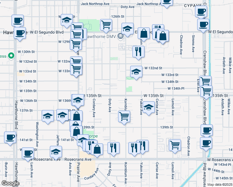 map of restaurants, bars, coffee shops, grocery stores, and more near 3718 West 135th Street in Hawthorne