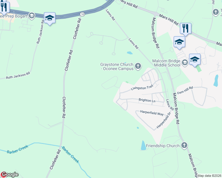 map of restaurants, bars, coffee shops, grocery stores, and more near 1081 Binghampton Circle in Bogart