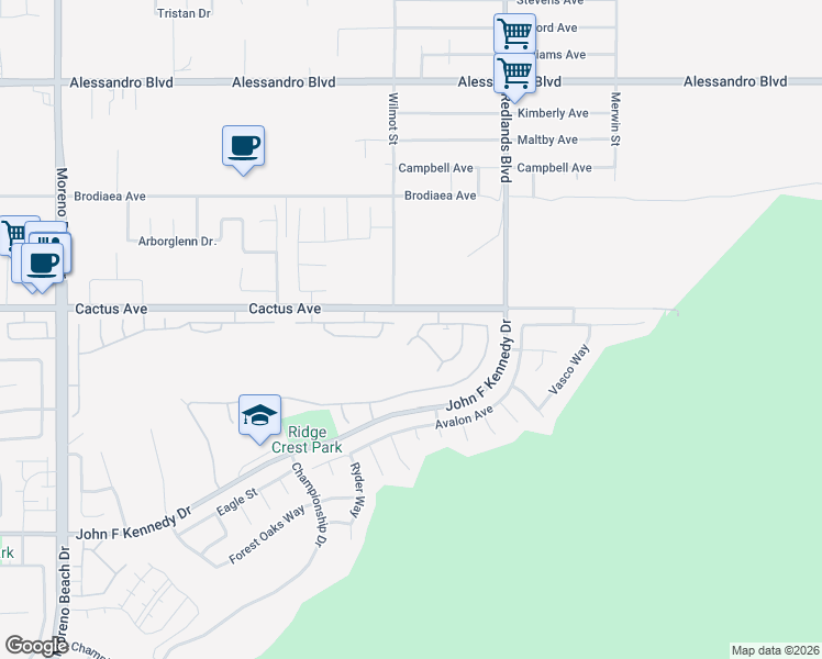 map of restaurants, bars, coffee shops, grocery stores, and more near 14549 Everest Way in Moreno Valley