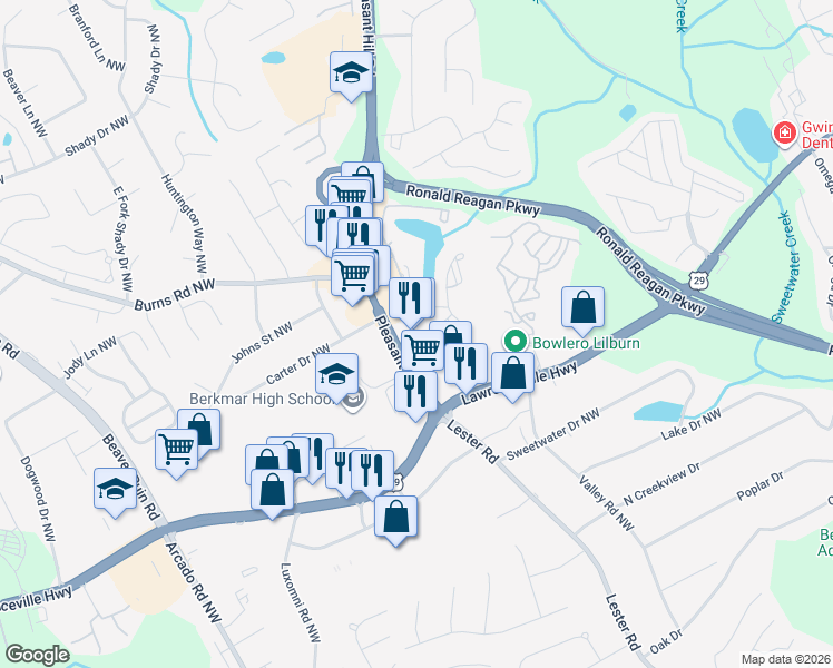 map of restaurants, bars, coffee shops, grocery stores, and more near 440-454 Pleasant Hill Rd in Lilburn